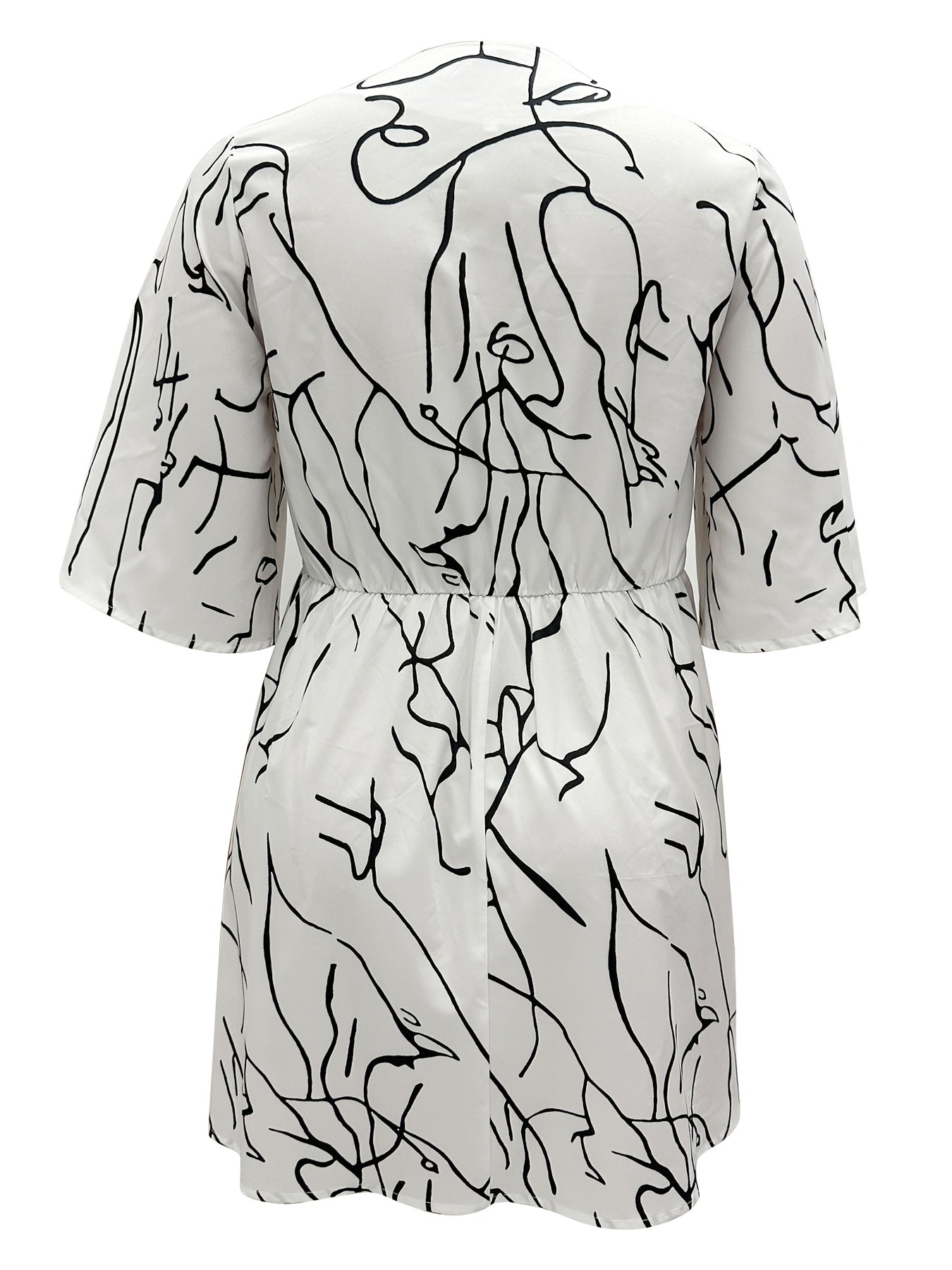 Random Print Half Sleeve V Neck Button Decor Dress