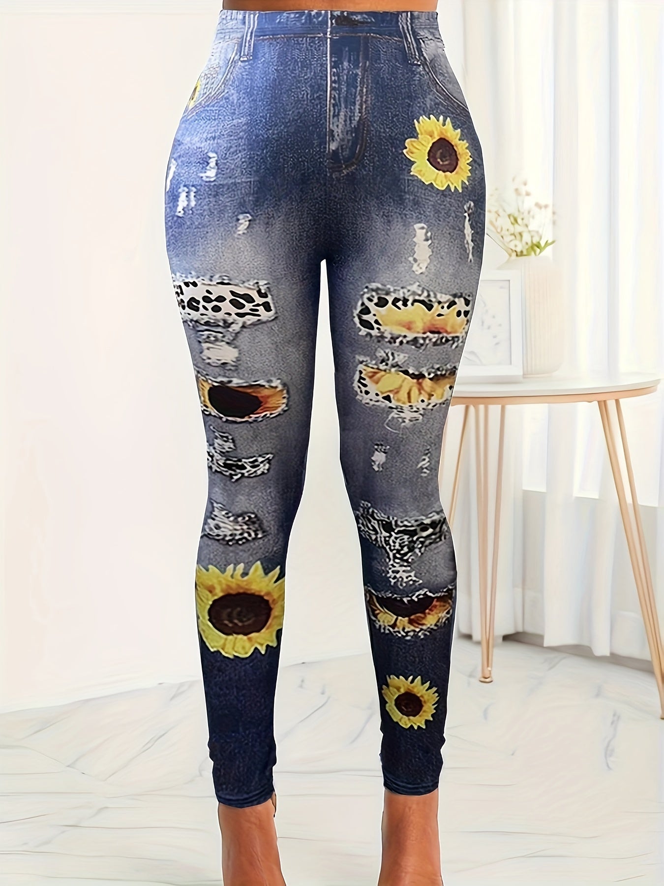 Denim & Sunflower Print High Waisted Leggings