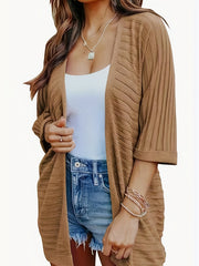 Ribbed Knit Cardigan 3/4 Sleeve Sweater
