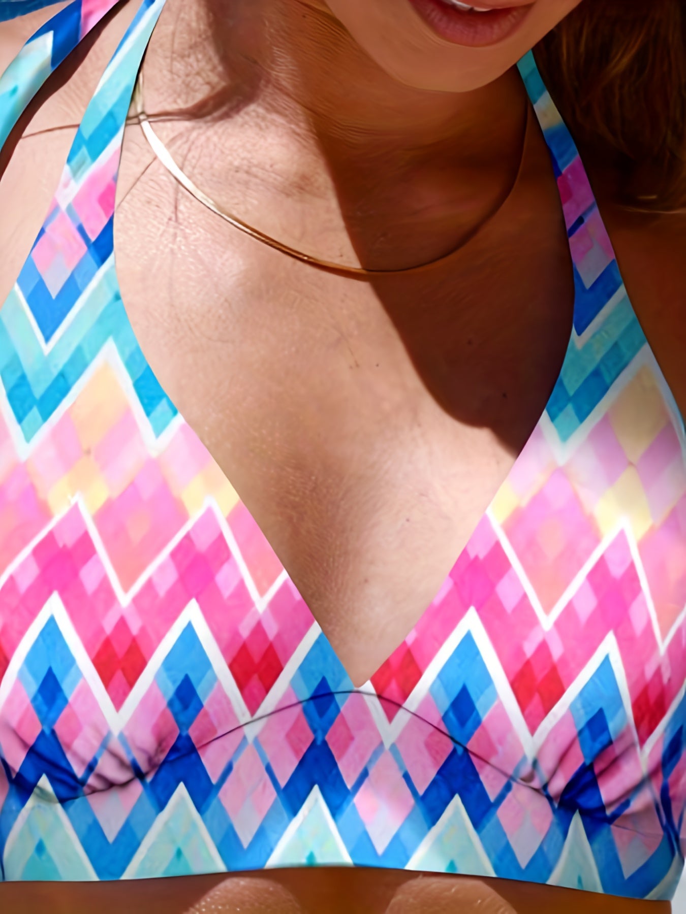 Chevron Print Bikini Set Tie Back Halter Bra & Skirt Swimsuit