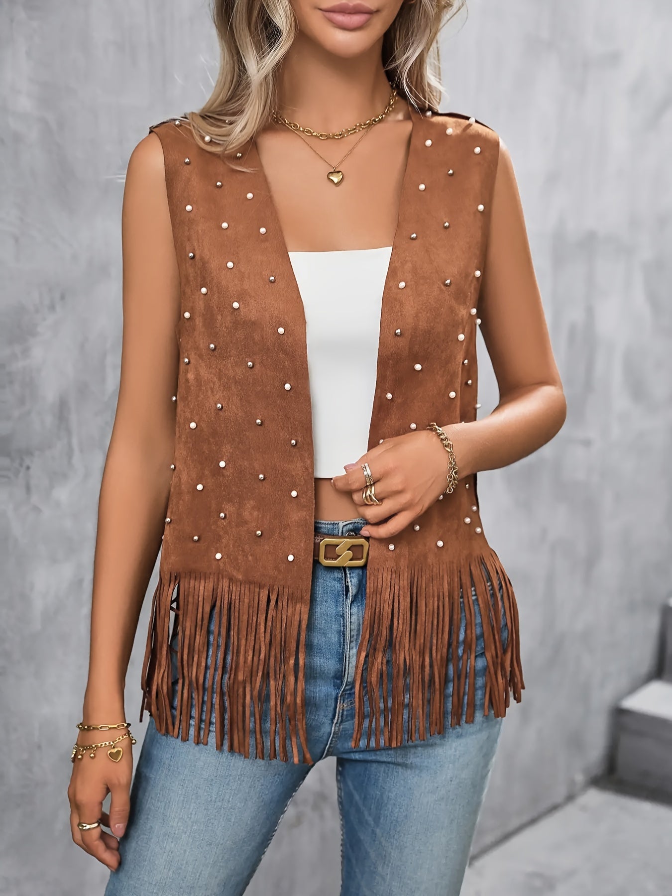 Casual Cardigan w/ Faux Pearl Decor Faux Suede Fringe Trim
