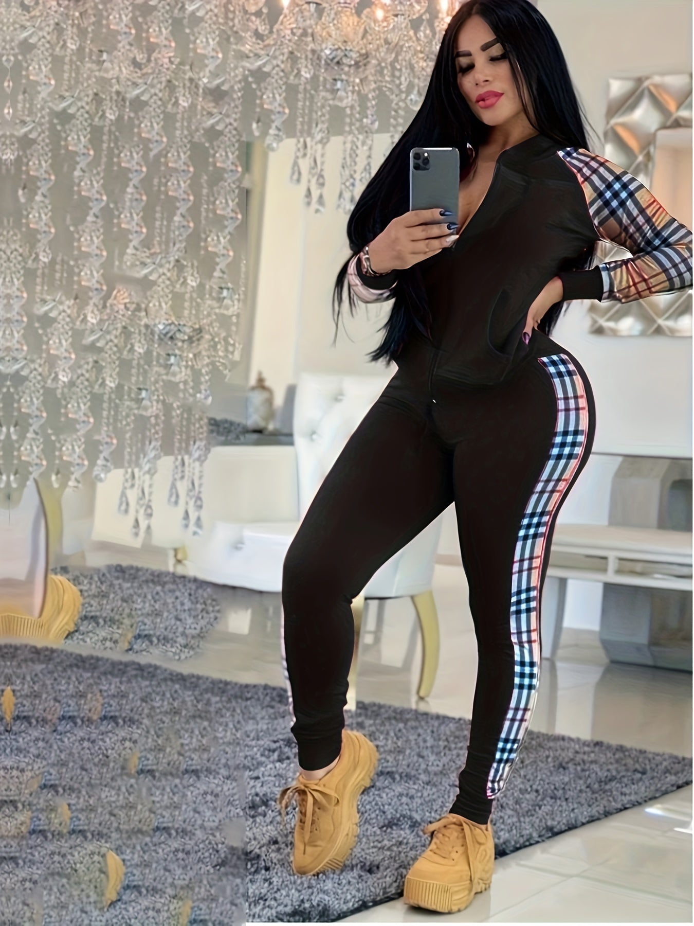Plaid Print Hoodie & Pants Set