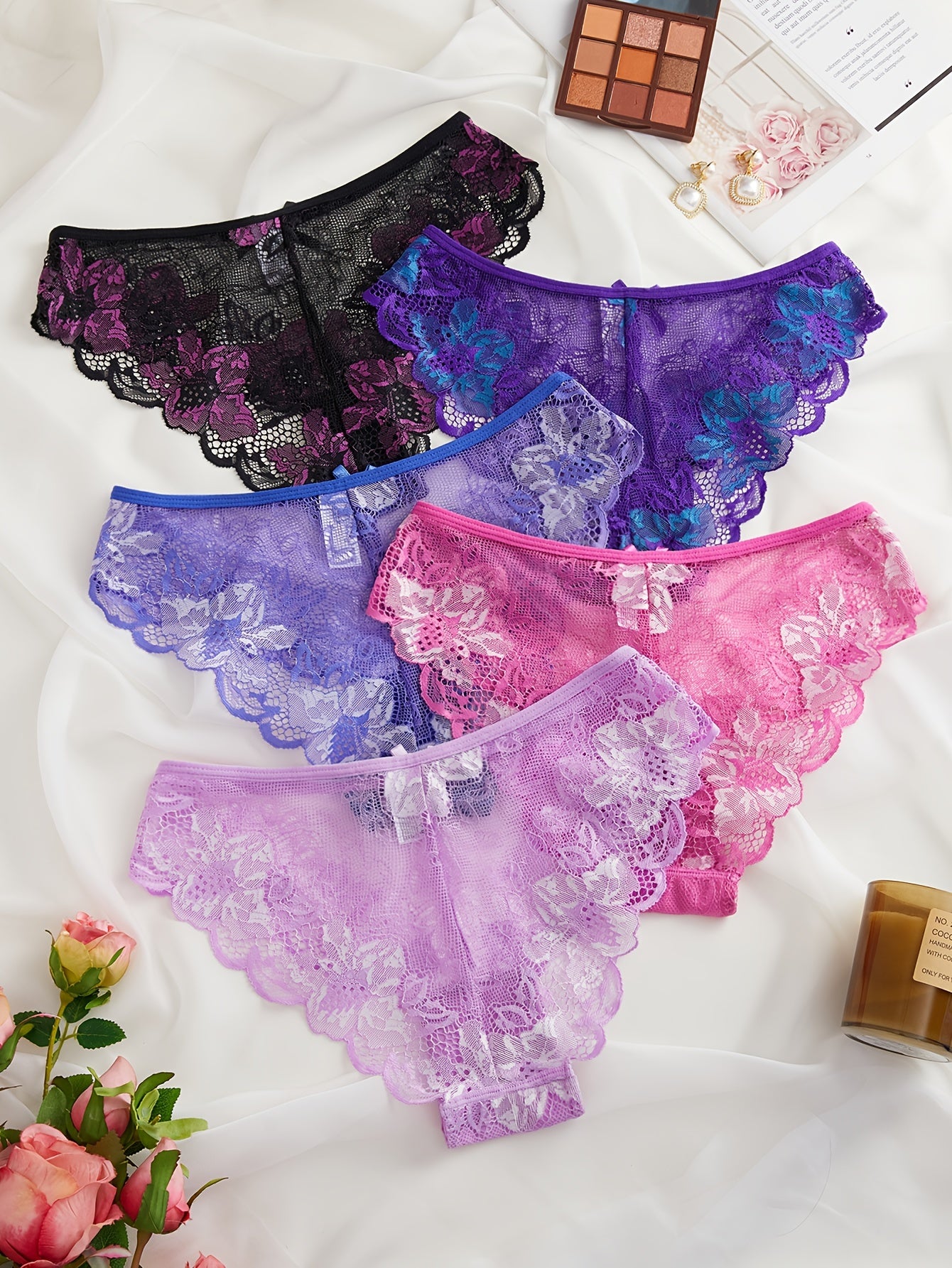 5pcs Floral Lace Trim Briefs Comfy Breathable Stretchy Intimates Panties