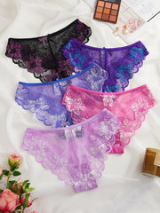 5pcs Floral Lace Trim Briefs Comfy Breathable Stretchy Intimates Panties