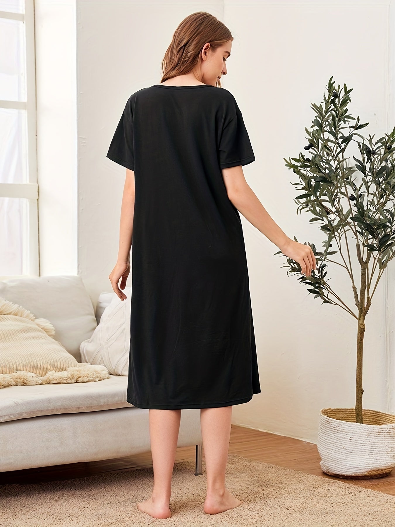 Letter Print Nightdress Crew Neck Short Sleeve Sleep Dress Women's Sleepwear