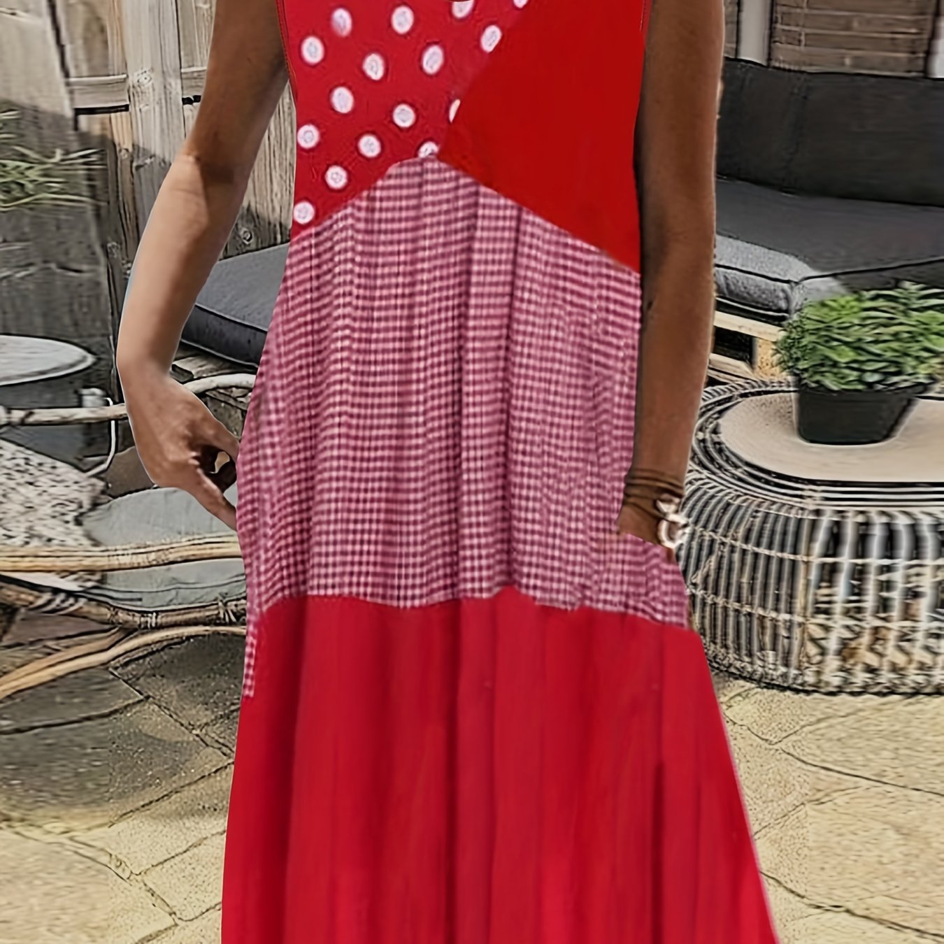 Colorblock Dot Print Tank Dress With Pockets