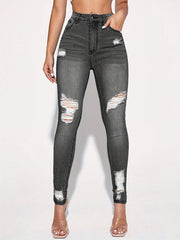 High Rise Ripped Skinny Jeans Distressed Washed Slash Pocket