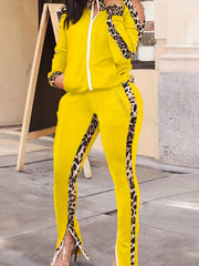 Colorblock Leopard Print Shoulder Top & Split Pants Outfit