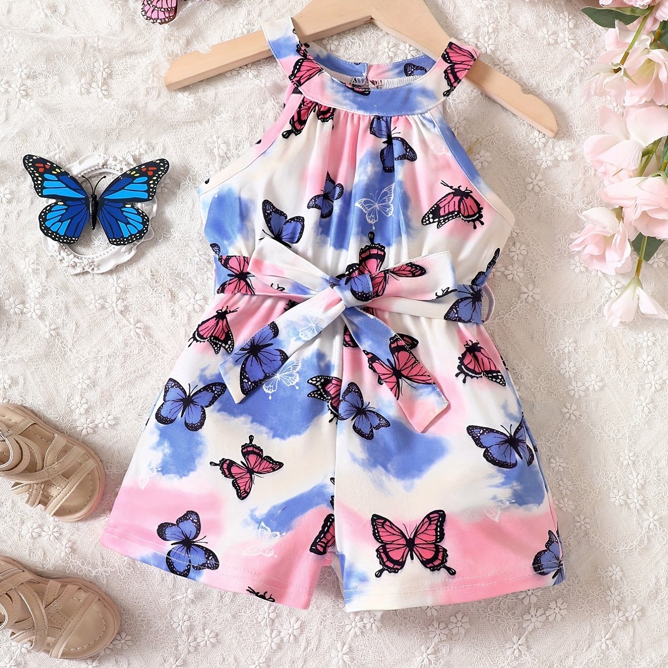 Toddler Girls Butterfly Tie Dye Halter Rompers Jumpsuit