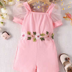 Floral Embroidered Waist Mesh Sleeves Romper Jumpsuit