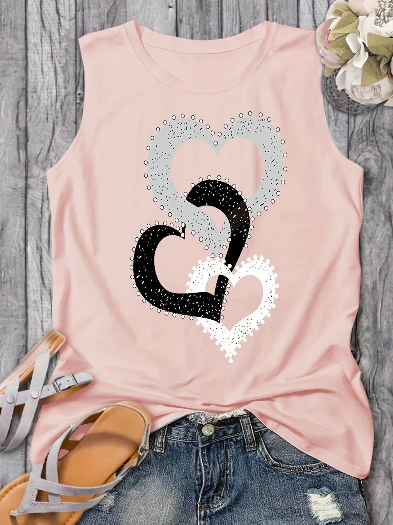 Three Hearts Linked Print Tank Top for Summer