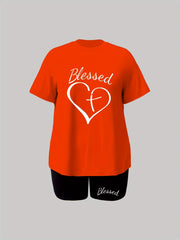 Women's Plus Letter & Heart Print Short Sleeve Top & Shorts Set