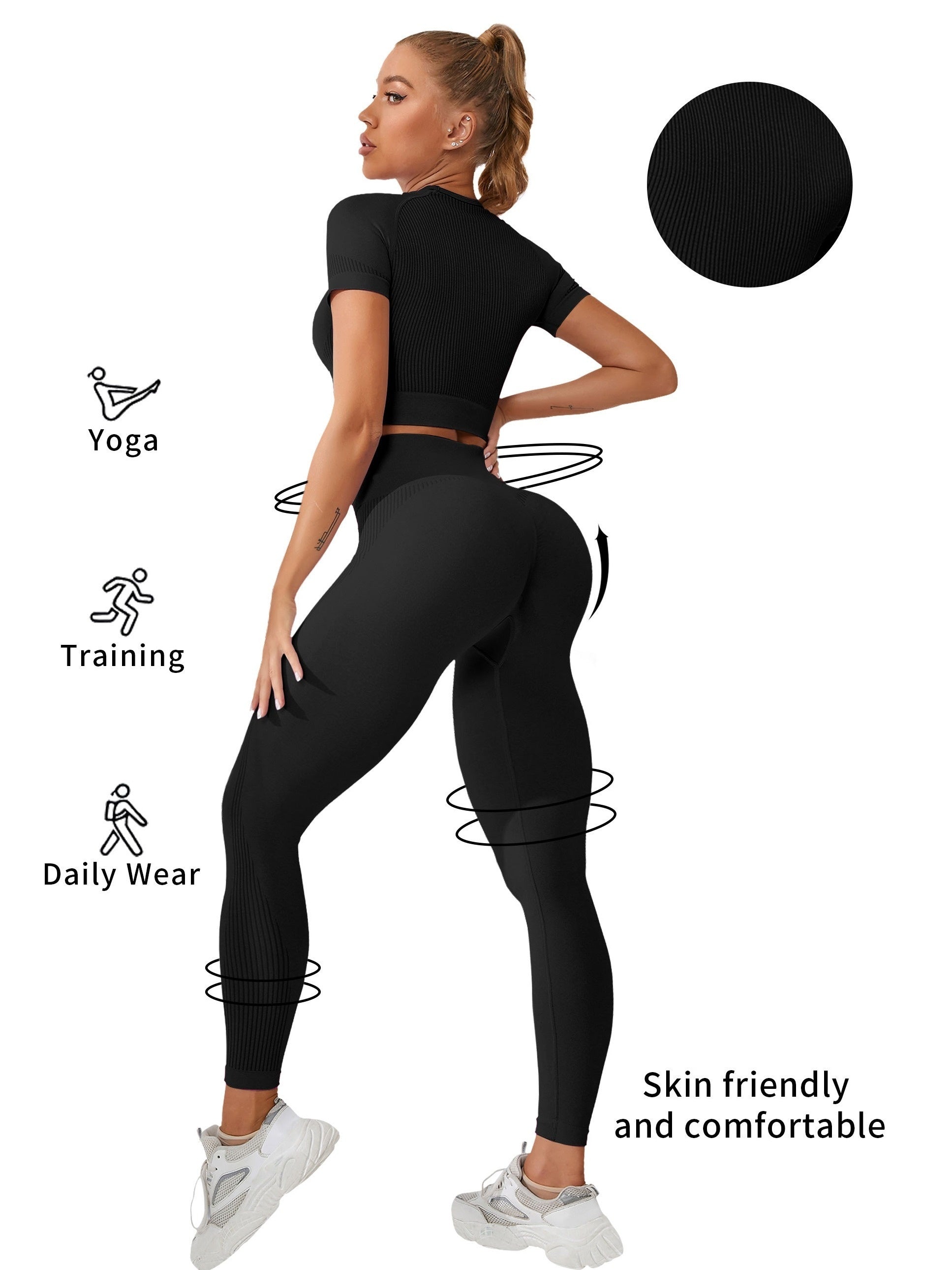 2pcs Solid Workout Sets Short Sleeve Crop Top & High Rise Leggings Activewear