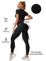 2pcs Solid Workout Sets Short Sleeve Crop Top & High Rise Leggings Activewear