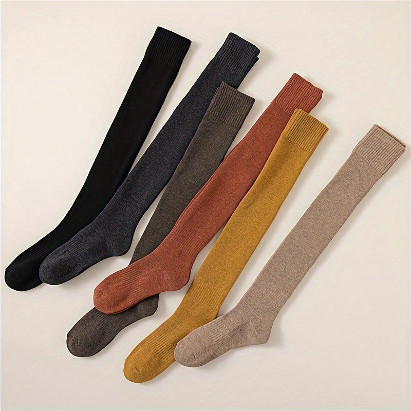 6 Pairs Solid Thigh High Socks Over The Knee Women's Stockings