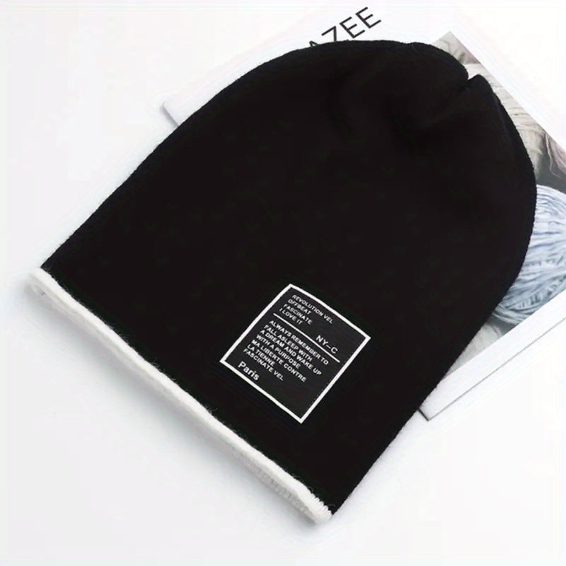 Stylish Label Patch Beanie Warm Skull Cap Elastic Block Knit Hat Soft