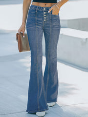 Casual Flare Leg Jeans High Rise Button Up Pocketed