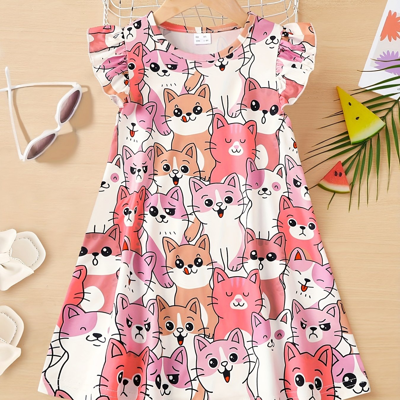 Girl's Kittens Print Casual Dress With Ruffled Sleeve A-line Swing Dress