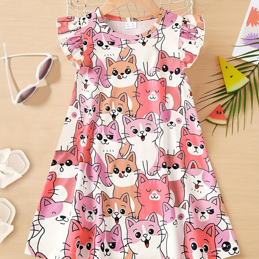 Girl's Kittens Print Casual Dress With Ruffled Sleeve A-line Swing Dress