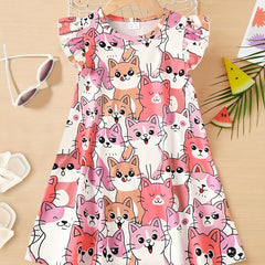Girl's Kittens Print Casual Dress With Ruffled Sleeve A-line Swing Dress