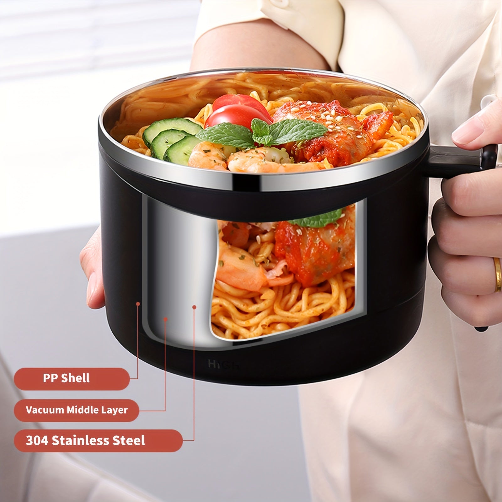 1300ml Stainless Steel Noodle Bowl Anti-Scalding Student Lunch Box