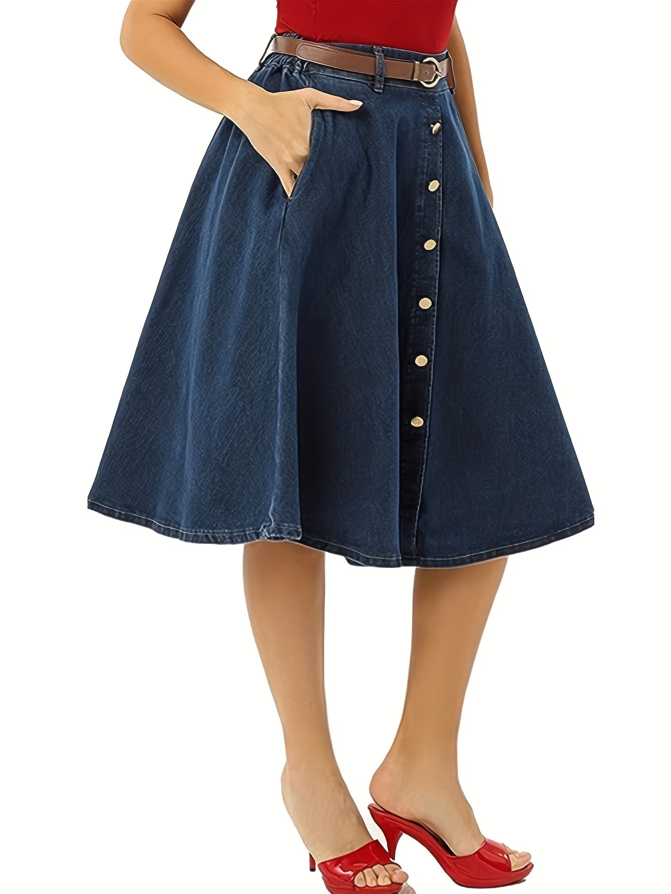 Retro Denim Skirt Button Front High Waist Midi Skirt With Pockets