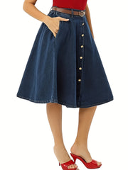Retro Denim Skirt Button Front High Waist Midi Skirt With Pockets