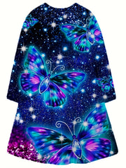 Girls Butterfly in Starry Sky Graphic Long Sleeve Dress