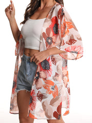 Floral Print Bat Sleeve Cover Up Cardigan