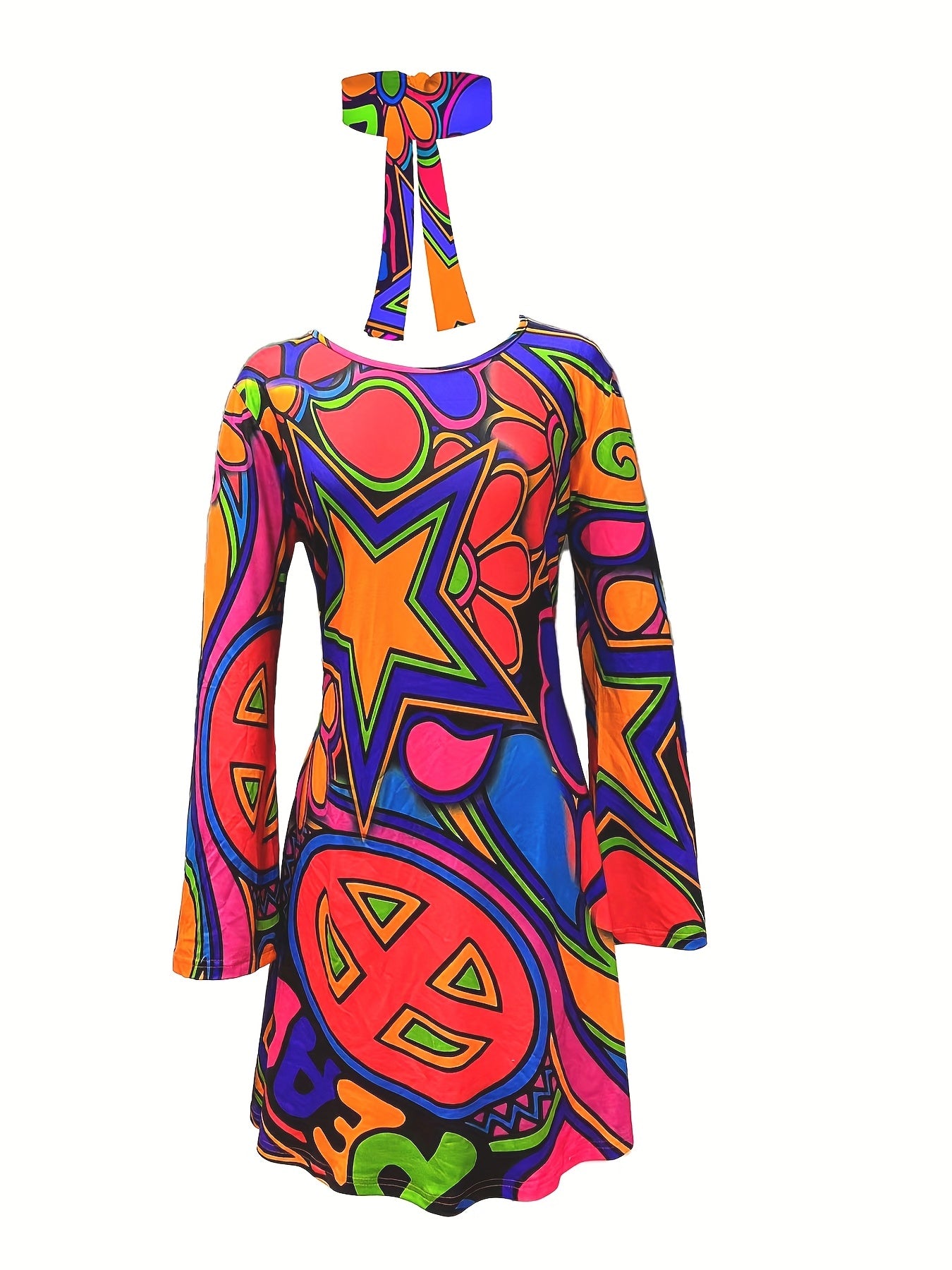 Hippie Halloween Cosplay Dress Long Sleeve Random Print Party Dress