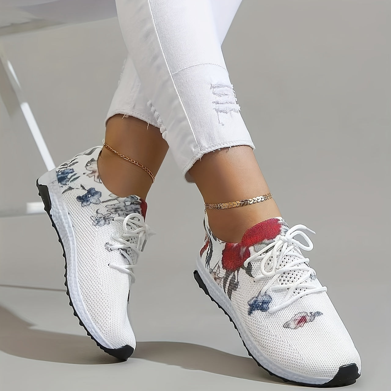 Floral Graphic Sock Sneakers Breathable Lace Up Running Shoes