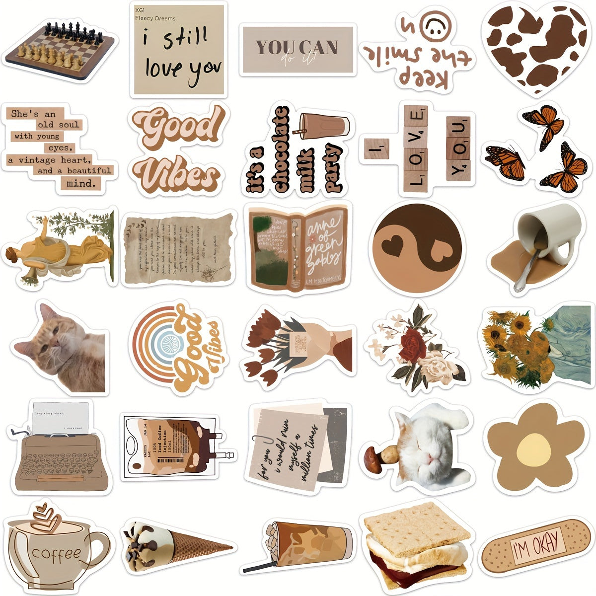 60pcs Brown Stickers DIY Decorative Waterproof Stickers
