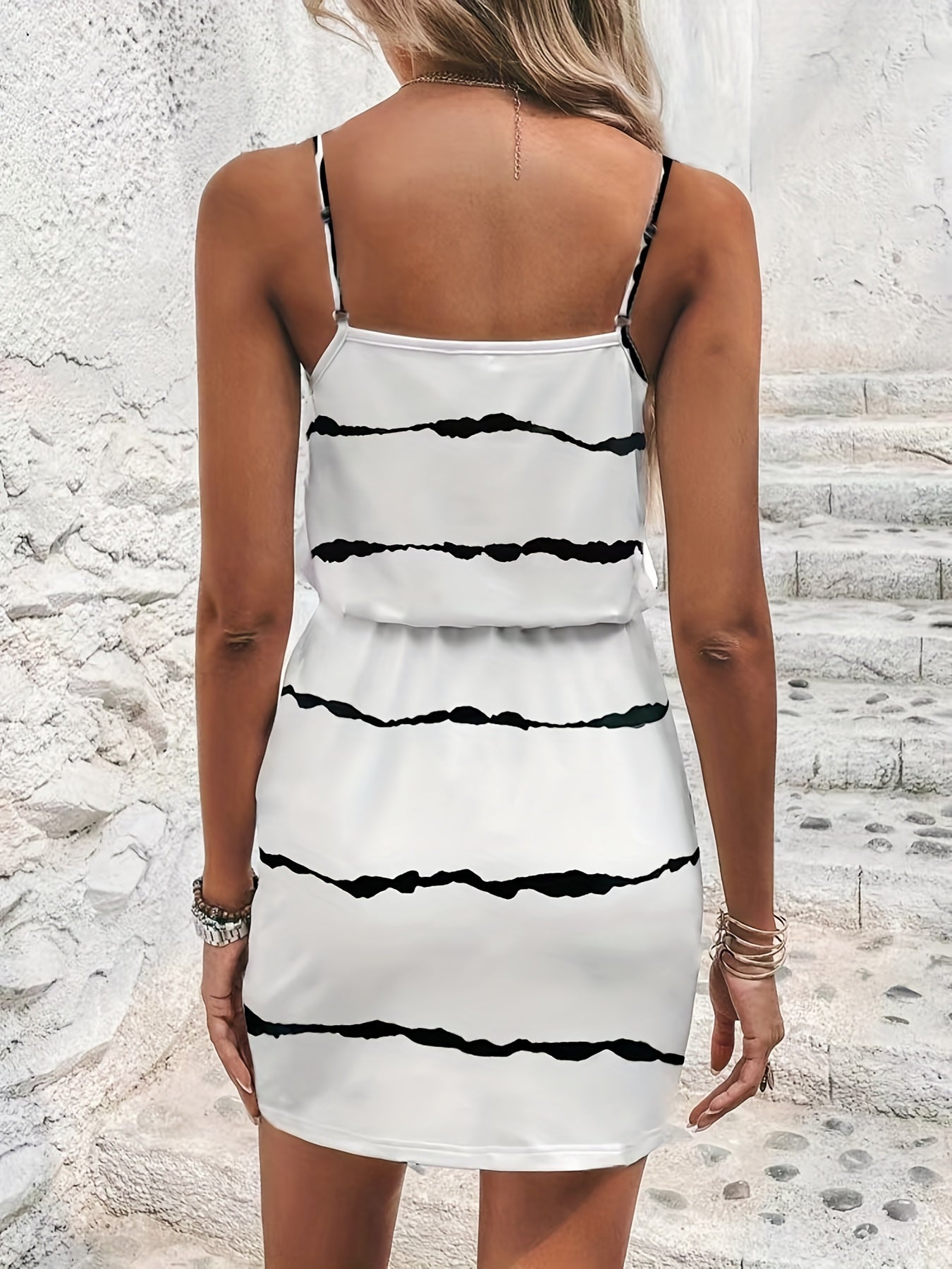 Striped Print Casual 2pc Set V Neck Lace Up Tops & Drawstring Skirts Outfits