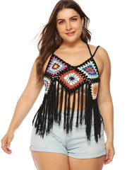 Crochet Bikini Top Fringe Trim Colorblock Swimsuit