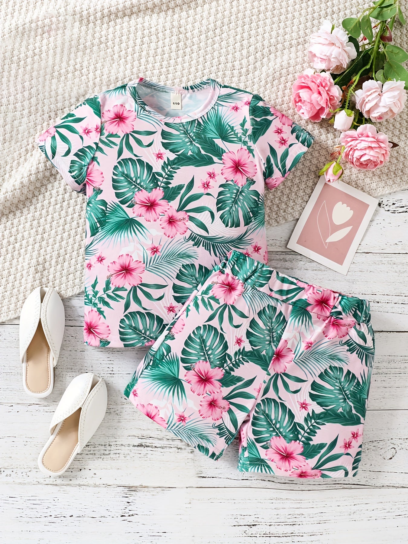 Girls Tropical Flowers Tee & Shorts Set, Summer Beach Outfit