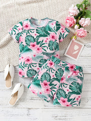 Girls Tropical Flowers Tee & Shorts Set, Summer Beach Outfit