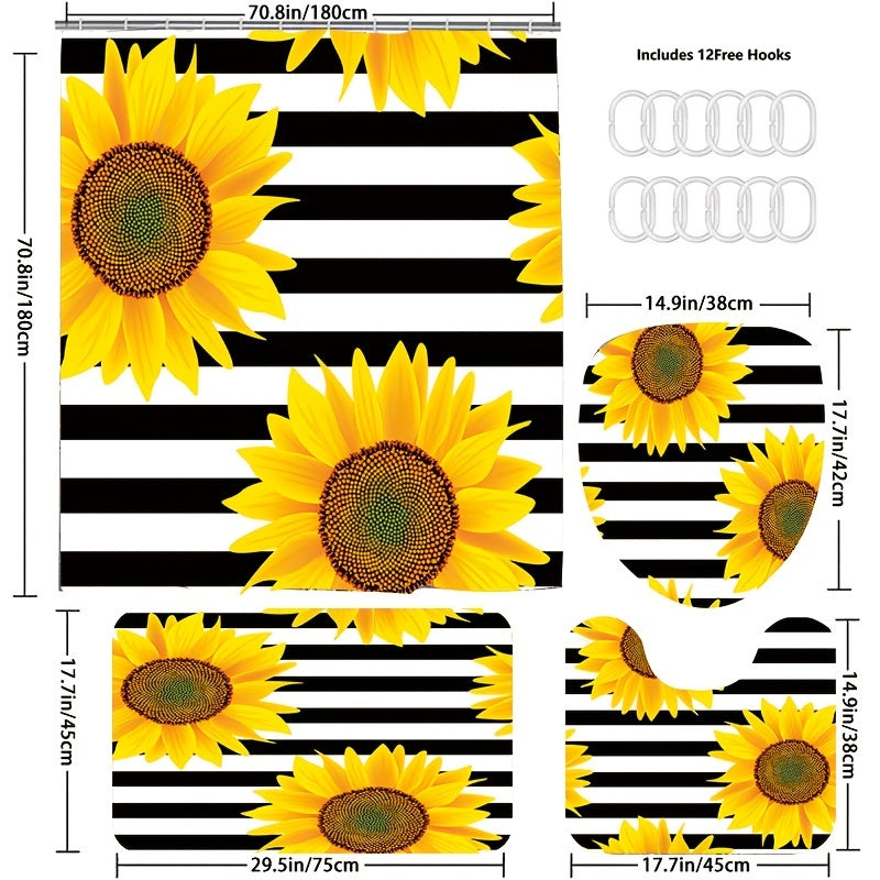 Sunflower Shower Curtain Set with 12 Hooks & Non-Slip Bathroom Rug