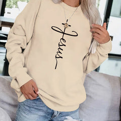 Letter & Cross Print Pullover Sweatshirt for Women