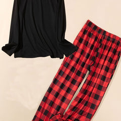 Tee & Plaid Print Pants Pajamas Set