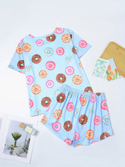 Donut Print Pajamas Set Short Sleeve Crew Neck Top & Shorts Women's Sleepwear
