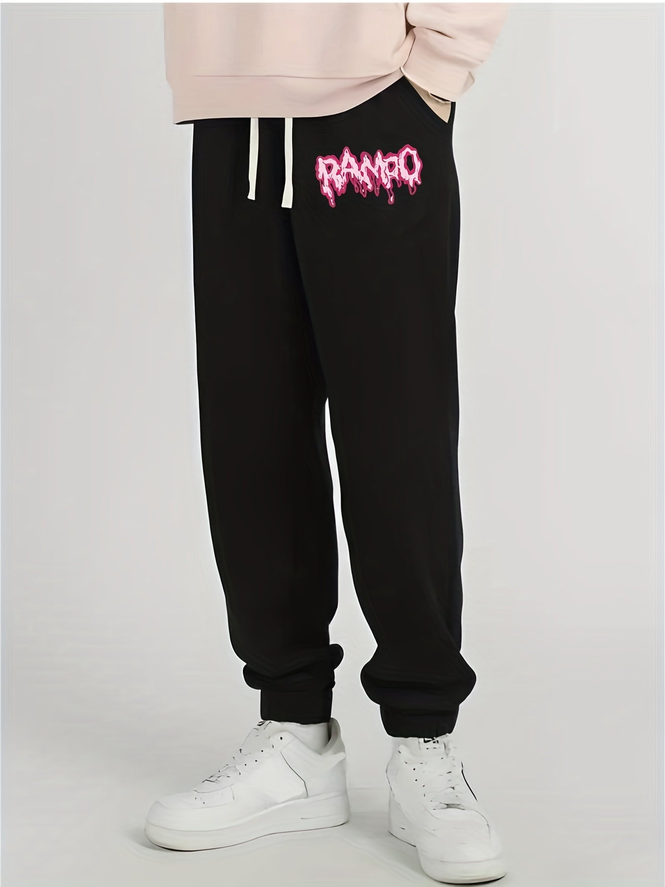 Pink Letter Print Men's Casual Jogger Pants Elastic Waistband Long Pants