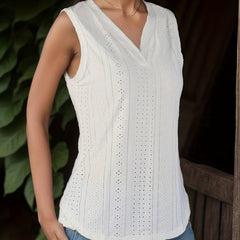 Eyelet Tank Top Casual V Neck Sleeveless Summer Women's Clothing