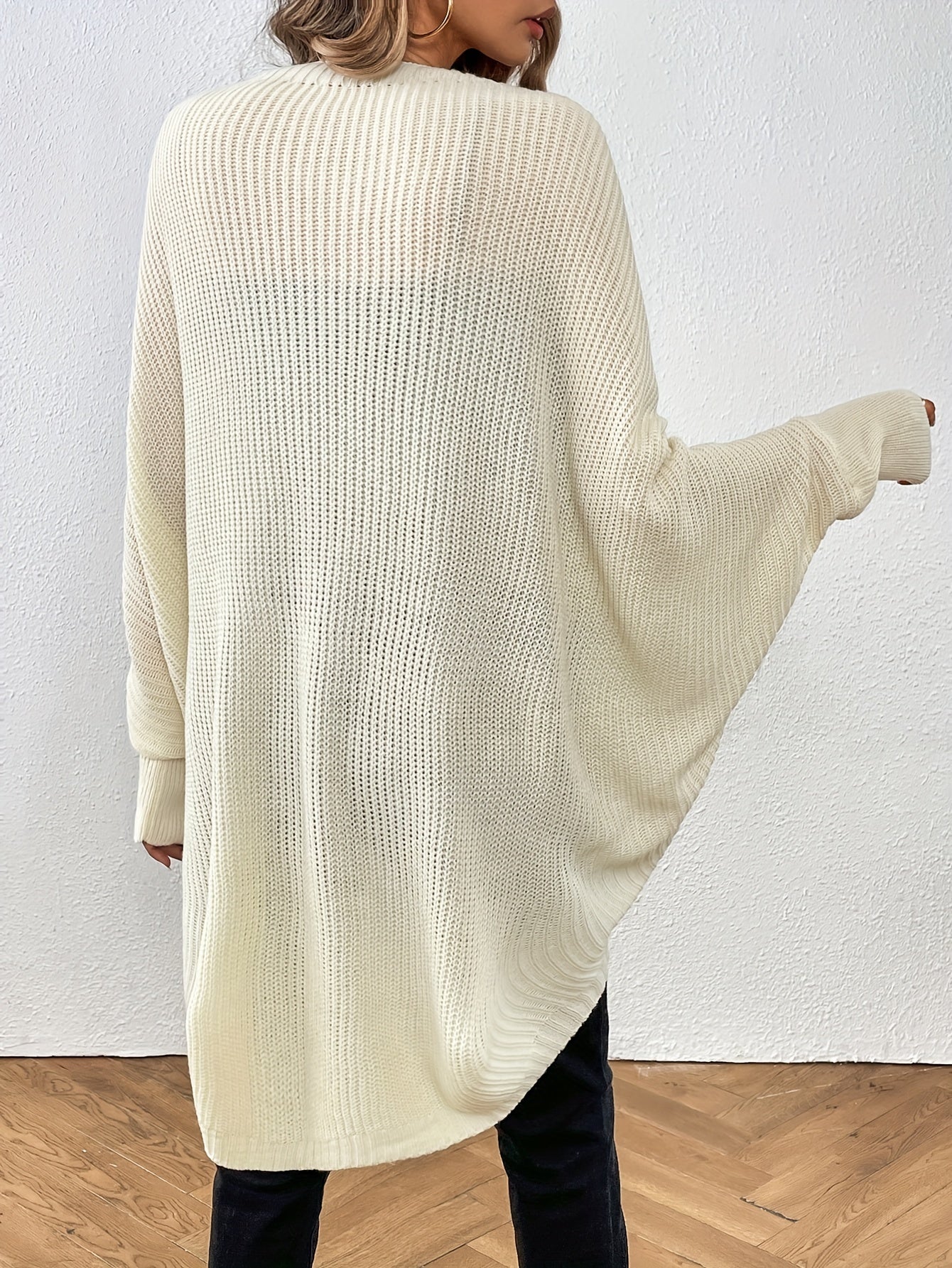 Batwing Sleeve Knit Cardigan Open Front Solid Sweater