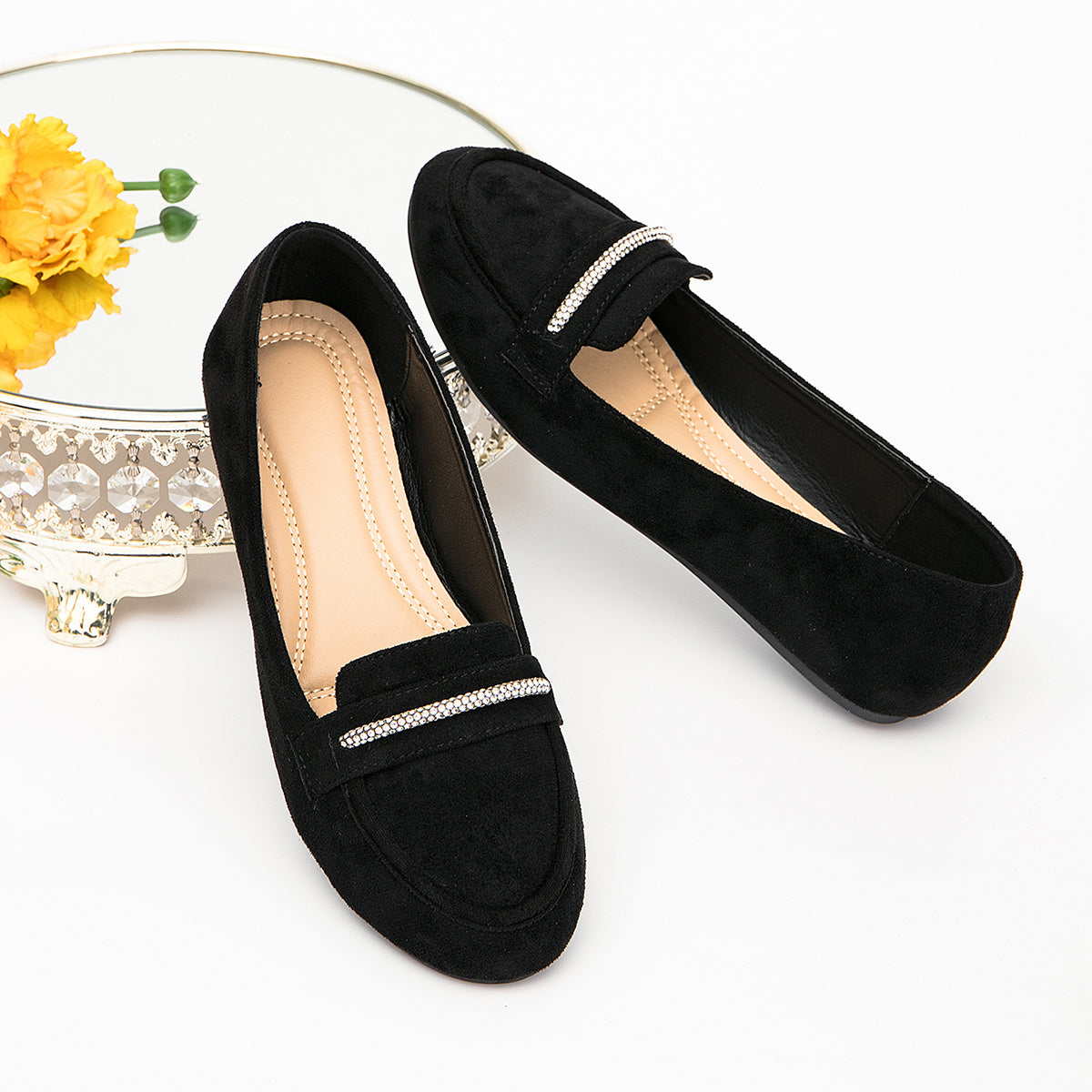Women's Rhinestone Suede Flats Slip-On Ballet Shoes