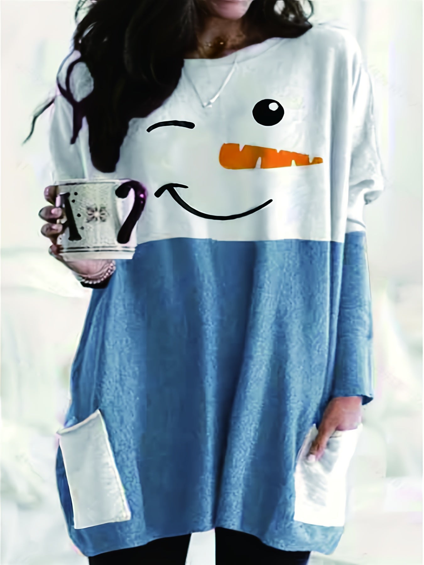 Women's Plus Snowman Print Long Sleeve Tunic Top With Pockets