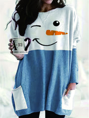 Women's Plus Snowman Print Long Sleeve Tunic Top With Pockets