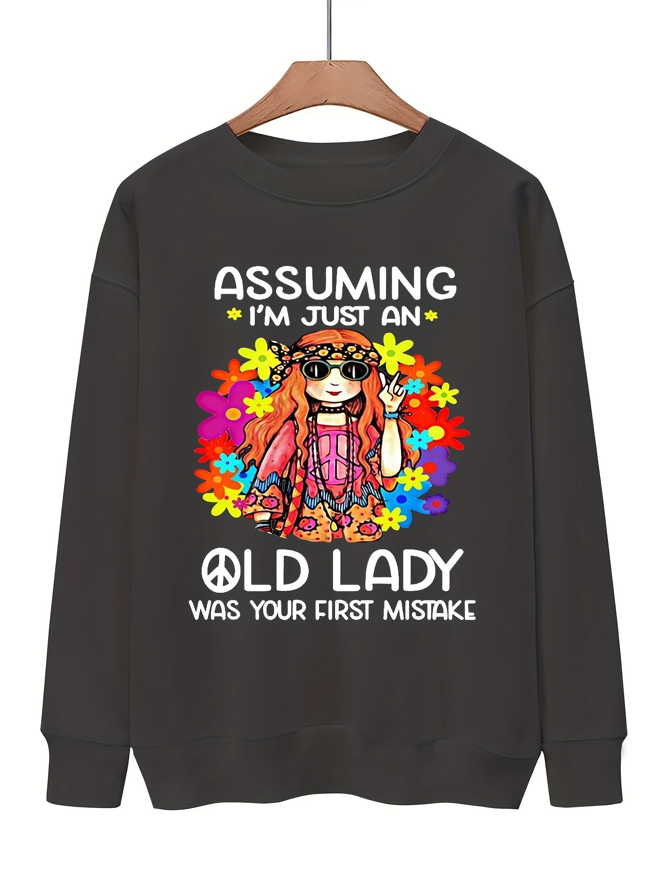 Girl & Letter Print Pullover Sweatshirt Casual Drops Shoulder