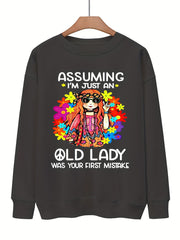 Girl & Letter Print Pullover Sweatshirt Casual Drops Shoulder