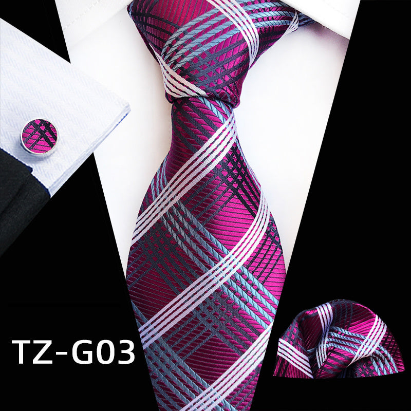 Men's Plaid Pattern Tie Pocket Scarf Cuff Set For Suits