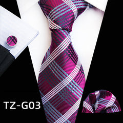 Men's Plaid Pattern Tie Pocket Scarf Cuff Set For Suits